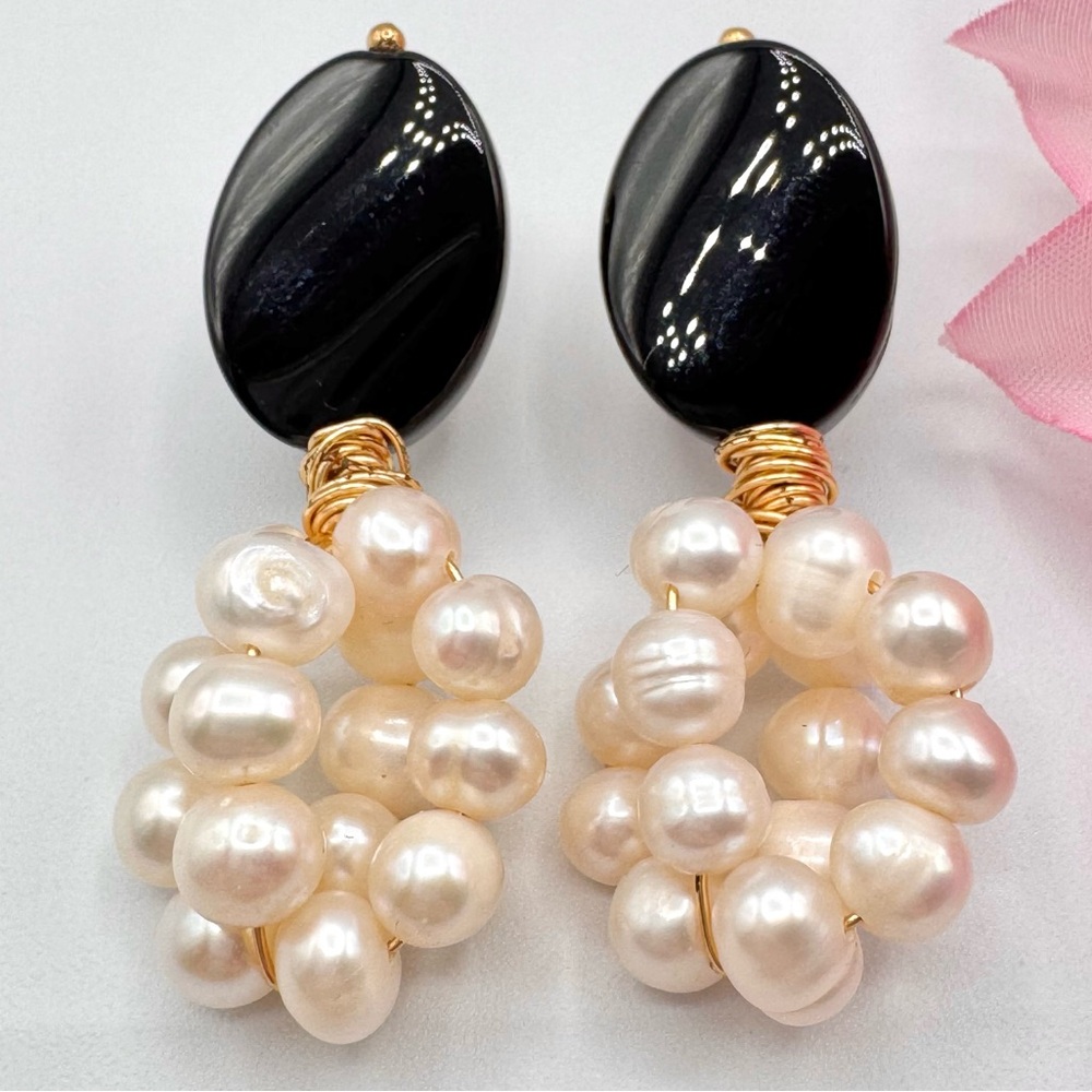 Artisan Handmade Pearl Cluster Black Stone Gold Tone Wire Wrapped Drop Earrings